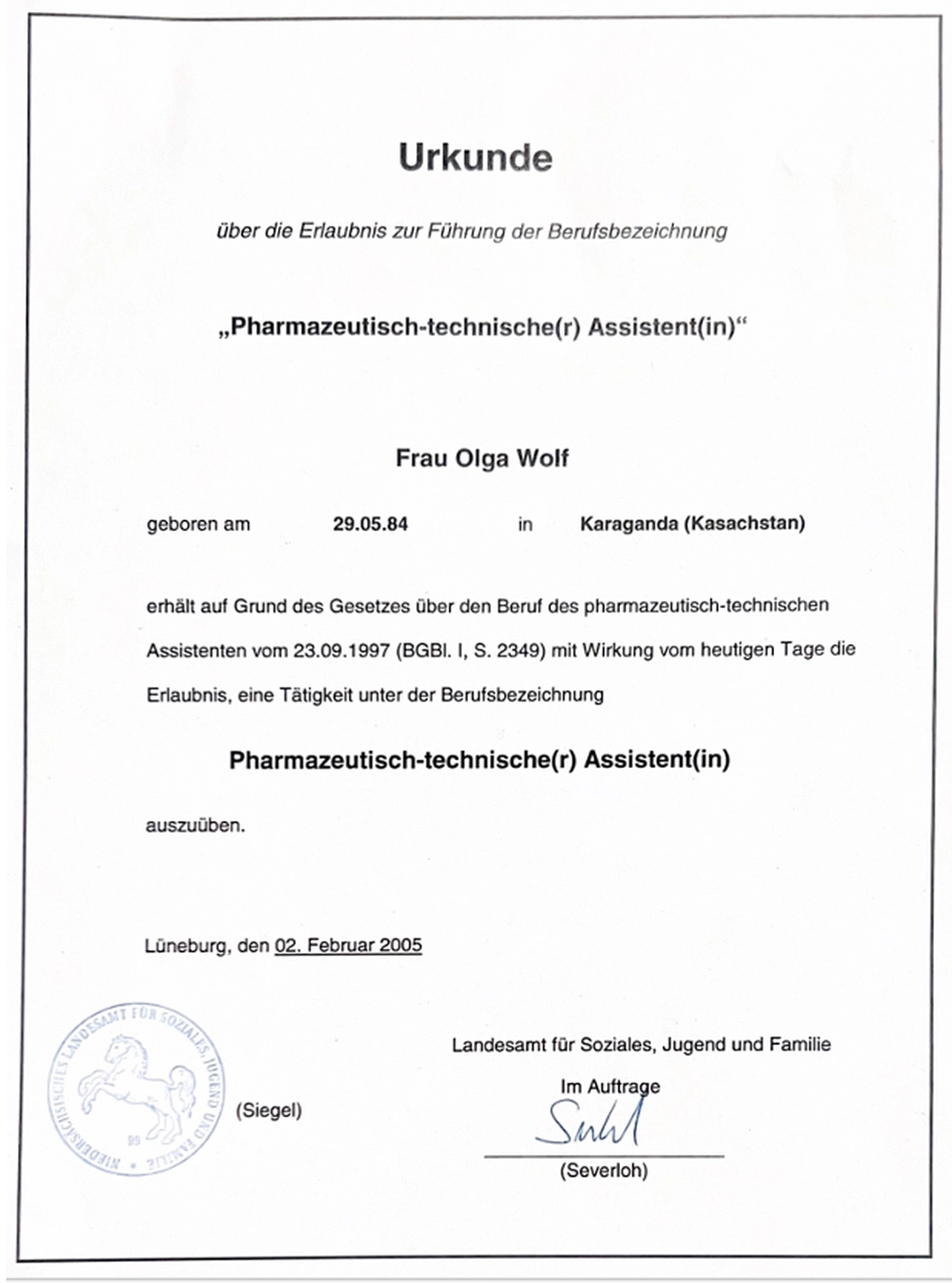 Olga Garthe - Ganzheitliche Begleitung - Zertifikat