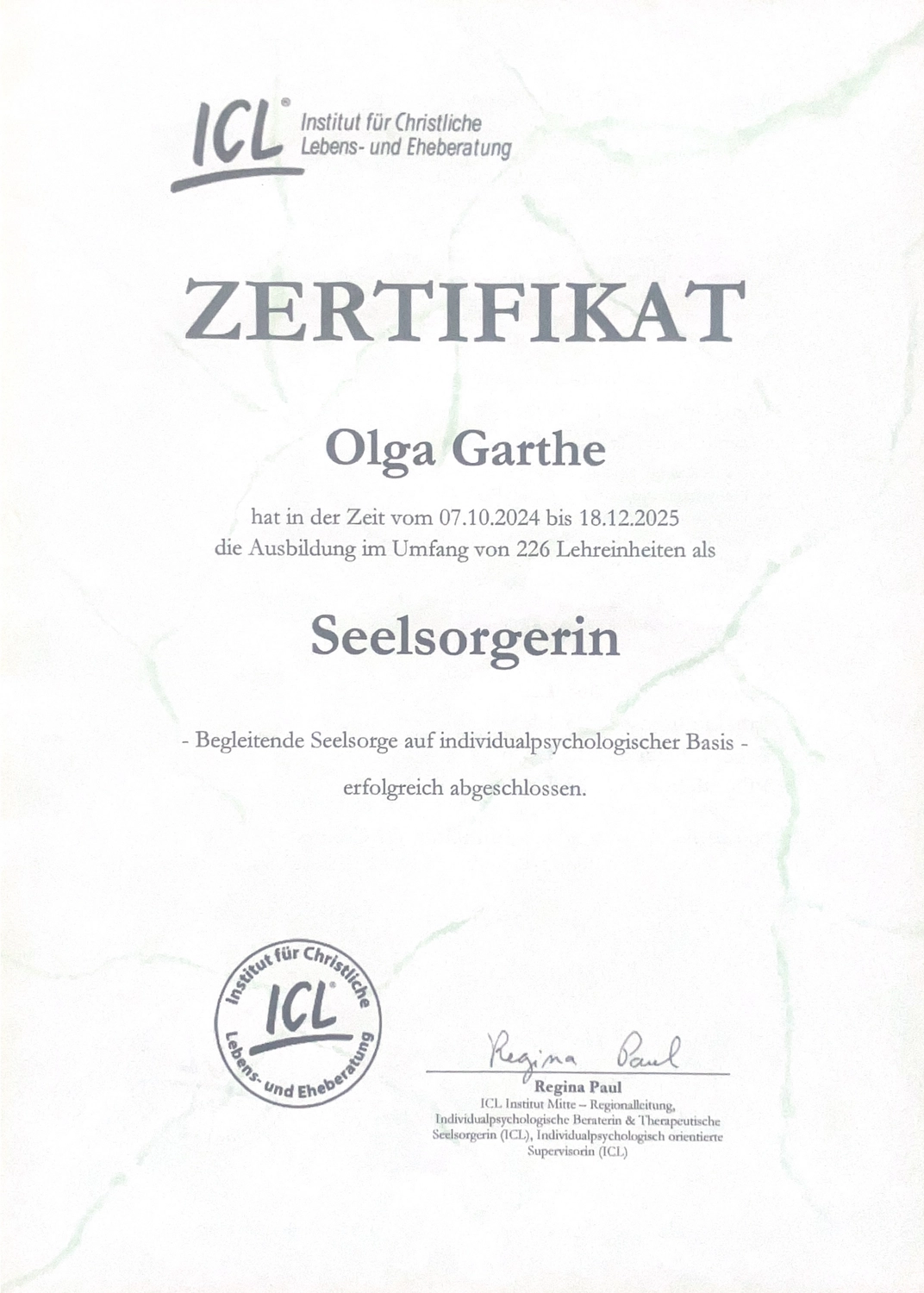 Olga Garthe - Ganzheitliche Begleitung - Zertifikat