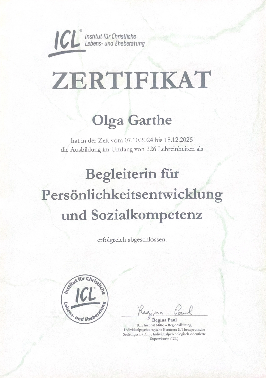 Olga Garthe - Ganzheitliche Begleitung - Zertifikat